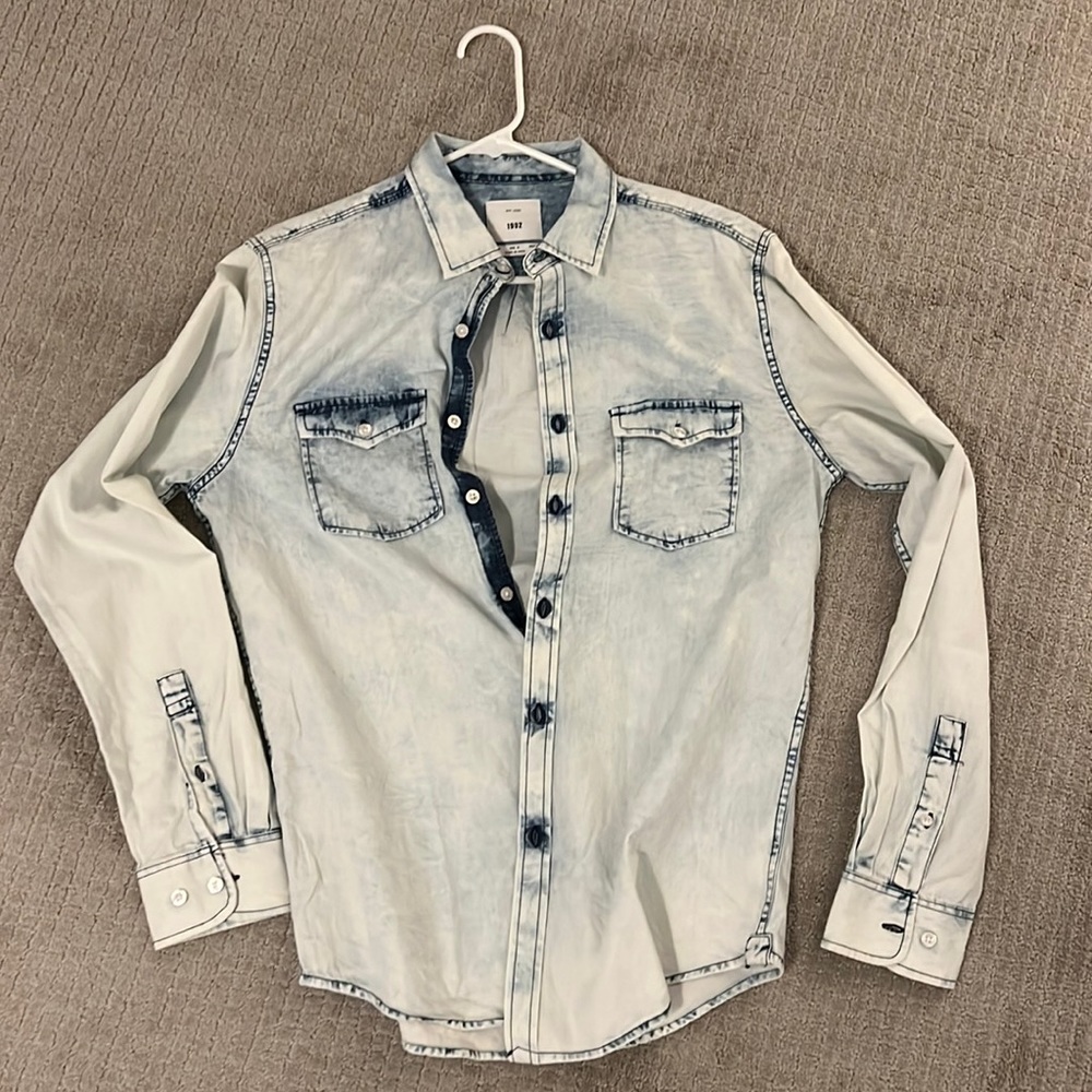 1992 Distressed washed jeans look button down shirt